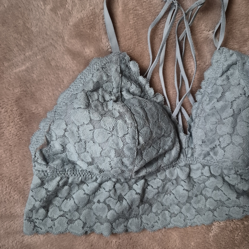 Aerie Lace Bralette in Light Blue Gray Cross Straps Size Small - Picture 4 of 11